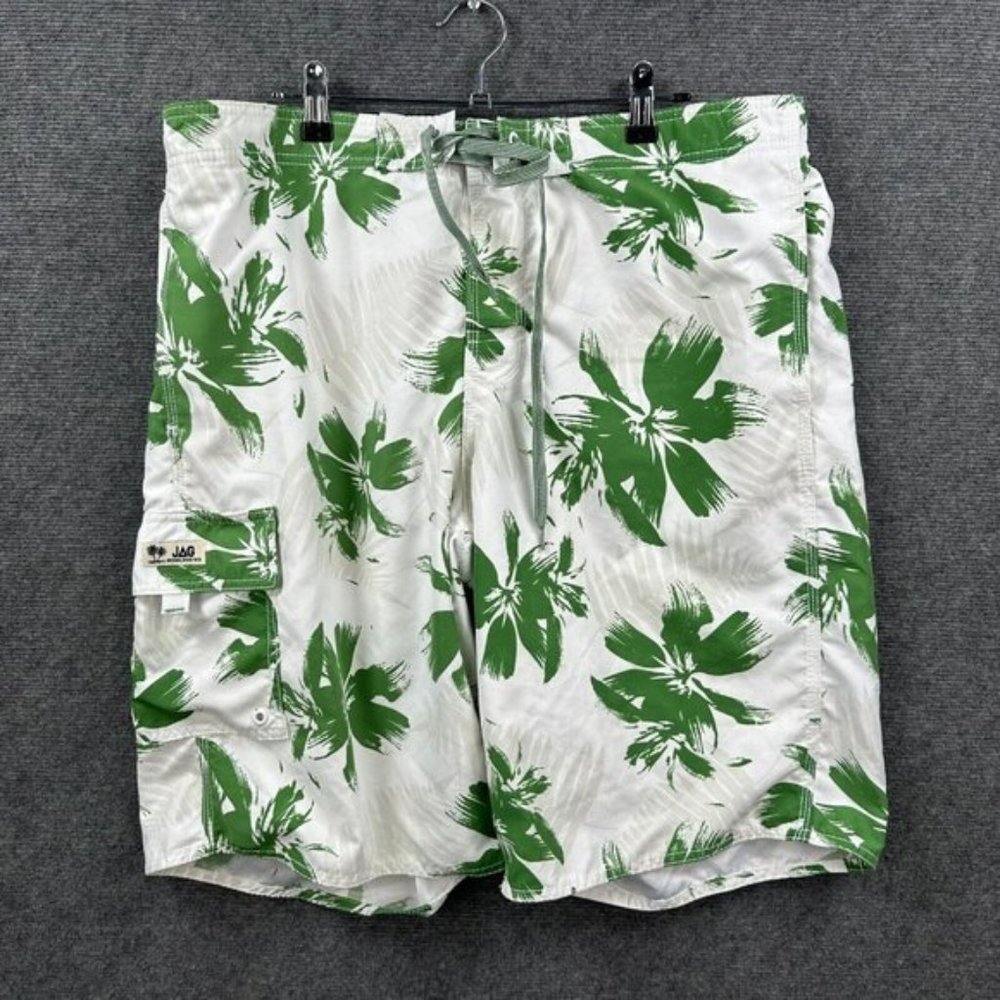 JAG Mens Board Shorts Swim Trunks White Green Aloha Floral Lightweight Size 2XL